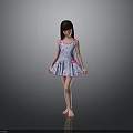 Little Girl In Blue Dress With Pink Strawberry Pattern Pink Bow Barefoot On Gray Background