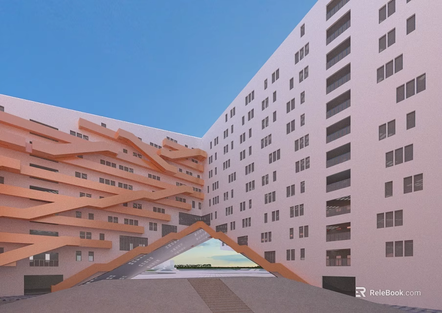 Modern Office Building Featuring Interlaced Orange Structures White Walls And Archway Entrance 3d model 