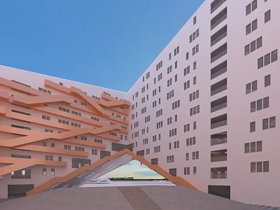 Modern Office Building Featuring Interlaced Orange Structures White Walls And Archway Entrance 3d model