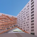 Modern Office Building Featuring Interlaced Orange Structures White Walls And Archway Entrance