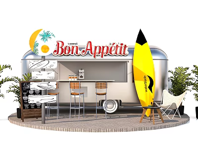 Cozy Outdoor Café Setup With Vintage Food Truck Surfboard And Bar Stools 3d model