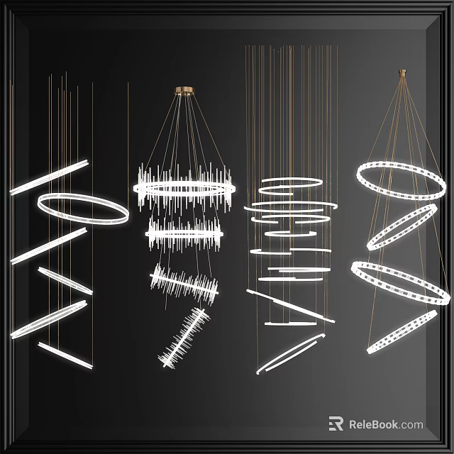 Elegant Modern Chandelier With Geometric Rings And Hanging Metallic Frames 3d model 