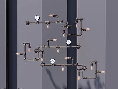 Industrial Style Wall Lamp With Pipes Bulbs And Round Gauges On Gray Wall 3d model