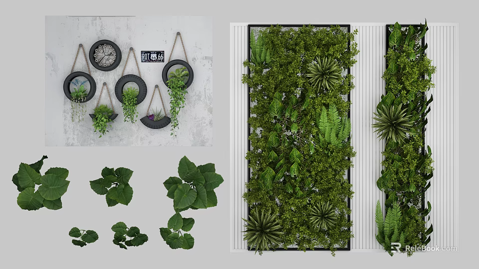 Indoor Green Plant Wall Design With Various Fresh Ferns And Decorative Leaves 3d model 