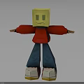 3D Cartoon Character With Yellow Cube Head Smiling Face Red Shirt Blue Pants White Shoes