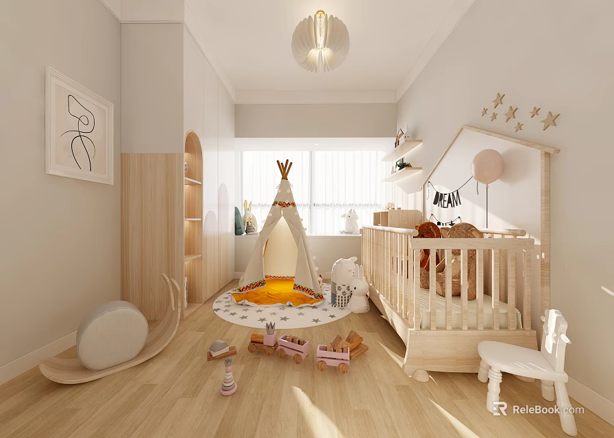 Cozy Kids Room Interior With Wooden Teepee Tent Crib Rocker Toys And Star Decorations 3d model 
