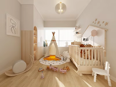 Cozy Kids Room Interior With Wooden Teepee Tent Crib Rocker Toys And Star Decorations 3d model