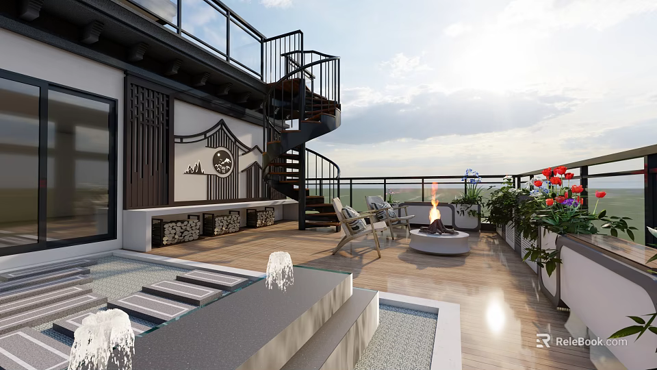 Stylish Terrace Garden With Spiral Staircase Fire Pit Chairs Water Features And Lush Plants 3d model 