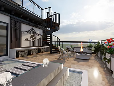 Stylish Terrace Garden With Spiral Staircase Fire Pit Chairs Water Features And Lush Plants 3d model