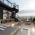 Stylish Terrace Garden With Spiral Staircase Fire Pit Chairs Water Features And Lush Plants
