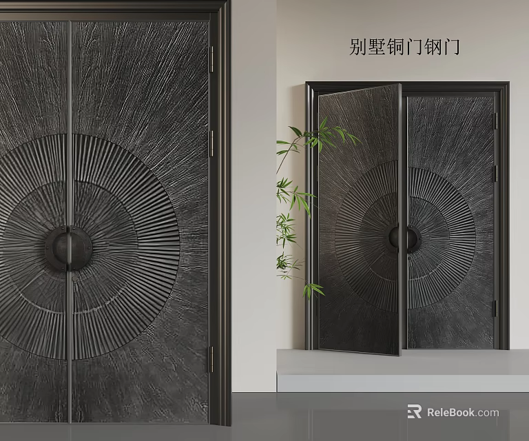 Modern Villa Copper Steel Double Doors With Sunburst Design And Bamboo Plant 3d model 