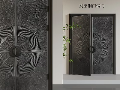 Modern Villa Copper Steel Double Doors With Sunburst Design And Bamboo Plant 3d model