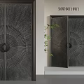 Modern Villa Copper Steel Double Doors With Sunburst Design And Bamboo Plant