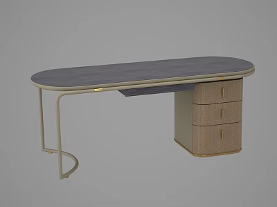 Modern Wooden Desk With Oval Top Metal Legs And Three Drawer Cabinet 3d model