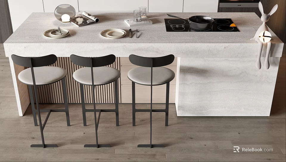 Modern Bar Counter With Smooth Top And Three Black Bar Stools In Kitchen 3d model 