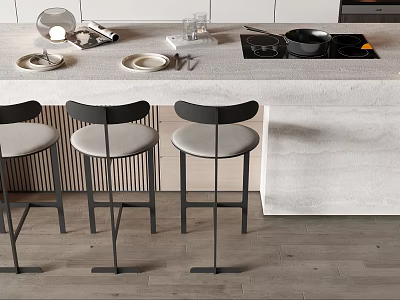 Modern Bar Counter With Smooth Top And Three Black Bar Stools In Kitchen 3d model