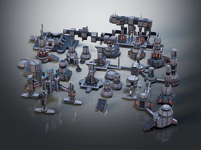 Cartoon Sci Fi Mechanical Scene With 3D Rendered Metal Structures Pipes Platforms And Towers 3d model