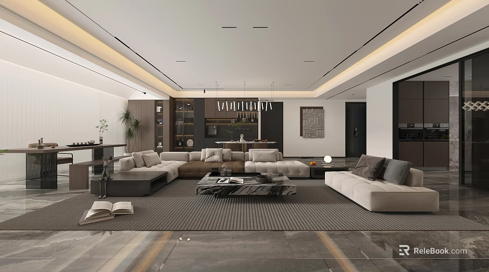 Modern Living and Dining Room Interior Design With Spacious Open Layout Sofa Coffee Table Rug 3d model 