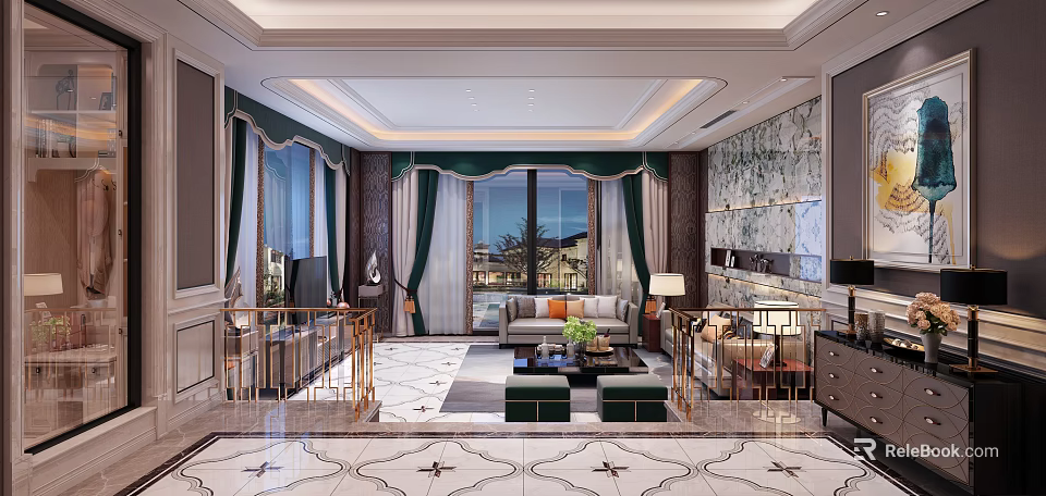 Elegant Living Room Interior With Large Windows Green Curtains Ornate Rug And Sofa 3d model 