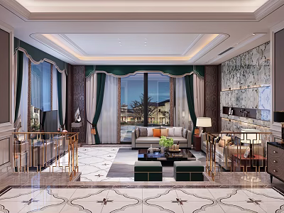 Elegant Living Room Interior With Large Windows Green Curtains Ornate Rug And Sofa 3d model