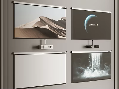 Projection Monitoring System With Multiple Screens Showing Desert Planet Waterfall And White Background Scenes 3d model