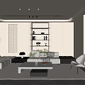 Modern Living Room Interior With Sofa Coffee Table Wall Shelves Floor Lamp And Plants