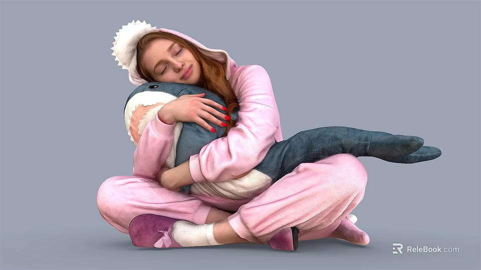 A Woman In Pink Onesie Hugging Shark Plush Toy Sitting Comfortably On Floor 3d model 