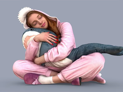 A Woman In Pink Onesie Hugging Shark Plush Toy Sitting Comfortably On Floor 3d model