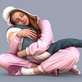 A Woman In Pink Onesie Hugging Shark Plush Toy Sitting Comfortably On Floor