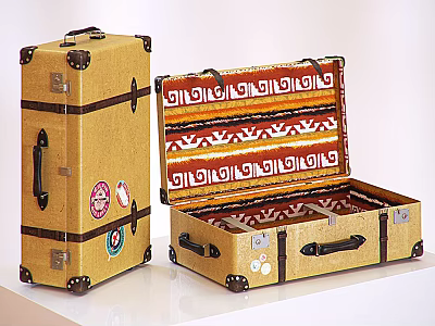 Two Brown Suitcases One Closed One Open with Colorful Patterned Interior and Stickers on Exterior 3d model