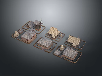 Traditional Village Building Models Showcase Various Roof Designs And Windmill Structure 3d model