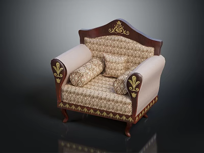 Traditional Armchair With Dark Wooden Frame Ornate Fabric And Golden Carved Accents On Armrests 3d model