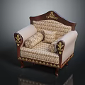 Traditional Armchair With Dark Wooden Frame Ornate Fabric And Golden Carved Accents On Armrests