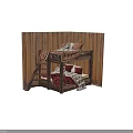 Rustic Wooden Bunk Bed with Red and Orange Bedding Against Wooden Panel Wall
