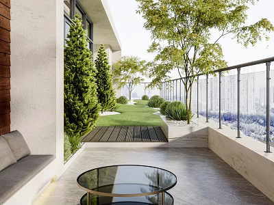 Cozy Modern Home Balcony Design With Green Plants Wooden Deck And Glass Coffee Table 3d model