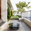 Cozy Modern Home Balcony Design With Green Plants Wooden Deck And Glass Coffee Table