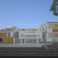 Modern Administrative Service Hall Building with Glass Facade Entrance and Parked Cars