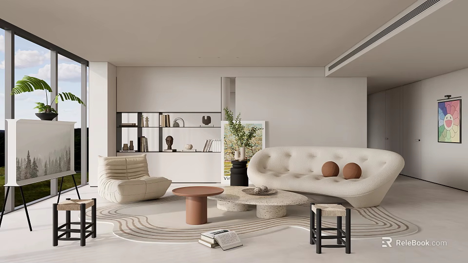 Minimalist Modern Living Room Interior With Curved White Sofa Round Coffee Table And Decorative Plants 3d model 