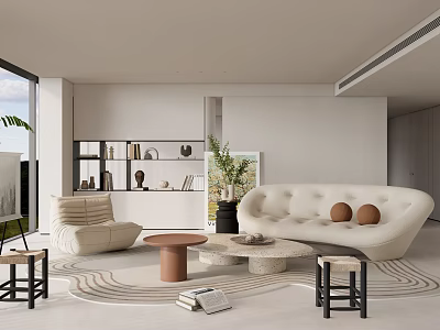 Minimalist Modern Living Room Interior With Curved White Sofa Round Coffee Table And Decorative Plants 3d model