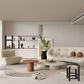 Minimalist Modern Living Room Interior With Curved White Sofa Round Coffee Table And Decorative Plants
