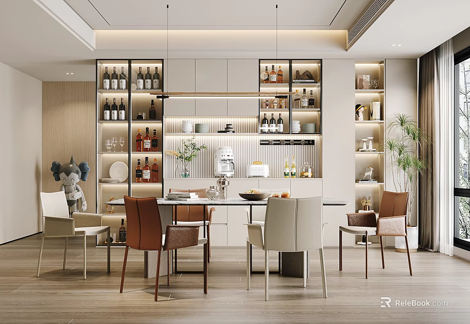 Modern Restaurant Interior With Dining Table Assorted Chairs Wine Racks And Decorative Plants 3d model