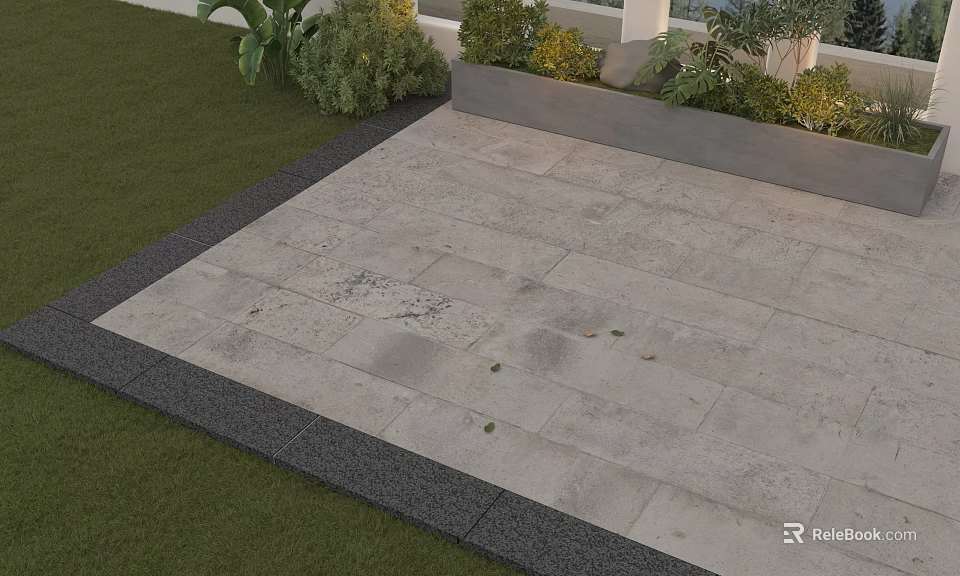 Gray Stone Tiled Patio Ground With Lush Green Lawn And Planter Plants 3d model 