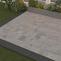 Gray Stone Tiled Patio Ground With Lush Green Lawn And Planter Plants