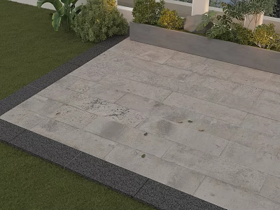 Gray Stone Tiled Patio Ground With Lush Green Lawn And Planter Plants 3d model