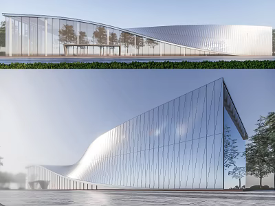 Modern Sales Office Building With Glass Curtain Wall And Curved Roof Surrounded By Trees 3d model