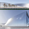 Modern Sales Office Building With Glass Curtain Wall And Curved Roof Surrounded By Trees