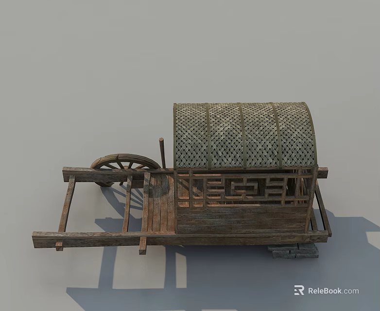 Traditional Ancient Architectural Wooden Cart Featuring Lattice Canopy And Spoked Wheel 3d model 