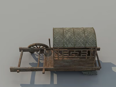 Traditional Ancient Architectural Wooden Cart Featuring Lattice Canopy And Spoked Wheel 3d model