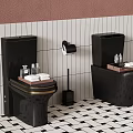 Modern Bathroom With Black Toilets Striped Tiles Checkered Floor Towels And Toiletries
