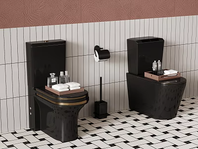 Modern Bathroom With Black Toilets Striped Tiles Checkered Floor Towels And Toiletries 3d model